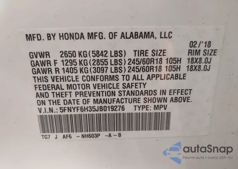 2018 Honda Pilot Ex из США, поврежденный, VIN 5FNYF6H35JB019276